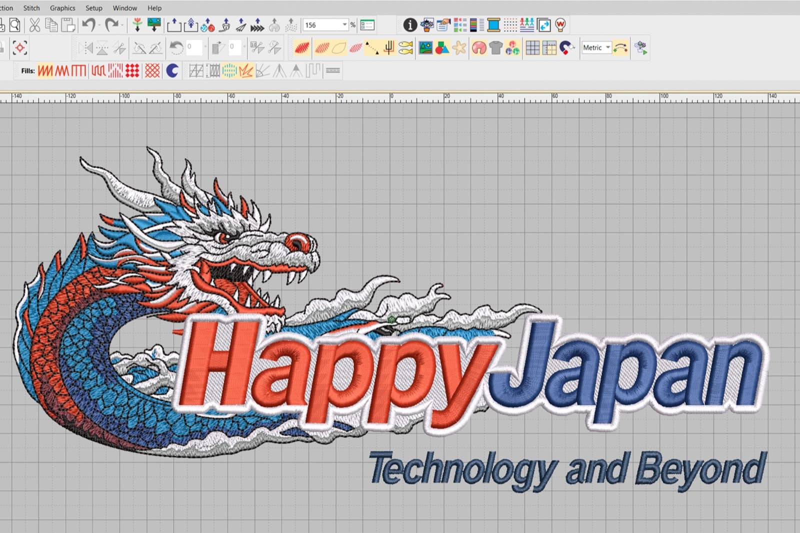 Screenshot of Wilcom-style digitizing software showing a dragon logo as colored stitch paths in the workspace β the kind of file view that gets exported into formats like DST or PES